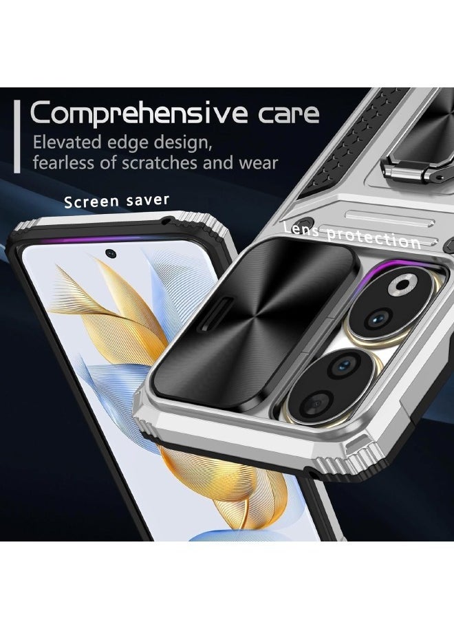 RUGGED SHIELD Honor 90 Case, with Slide Camera Cover, Built-in 360° Rotate Ring Kickstand, Heavy Duty Shockproof Protective Case for Honor 90 (6.7"), Silver/Black  - Image 4