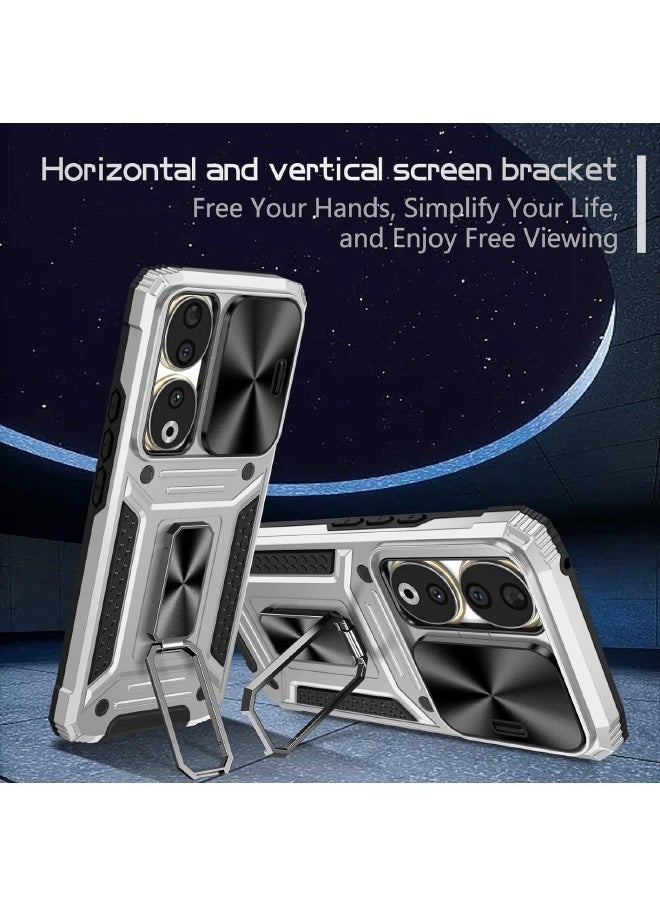 RUGGED SHIELD Honor 90 Case, with Slide Camera Cover, Built-in 360° Rotate Ring Kickstand, Heavy Duty Shockproof Protective Case for Honor 90 (6.7"), Silver/Black  - Image 5