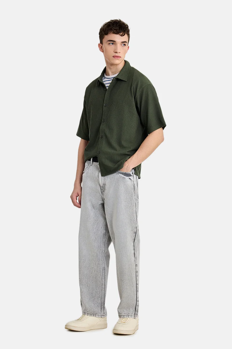SNITCH Olive Ribbed Half Sleeve Oversized Casual Shirt