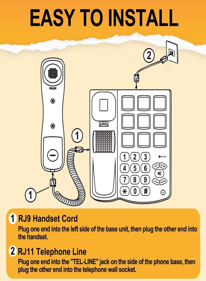 Uvital Big Button Phone for Seniors, Corded Landline Phone with 9 One-Touch Dialing Big Buttons, Hands-Free Calling, Loud Ringer, Easy to Use for Visually Impaired Telephone for Seniors - Image 5