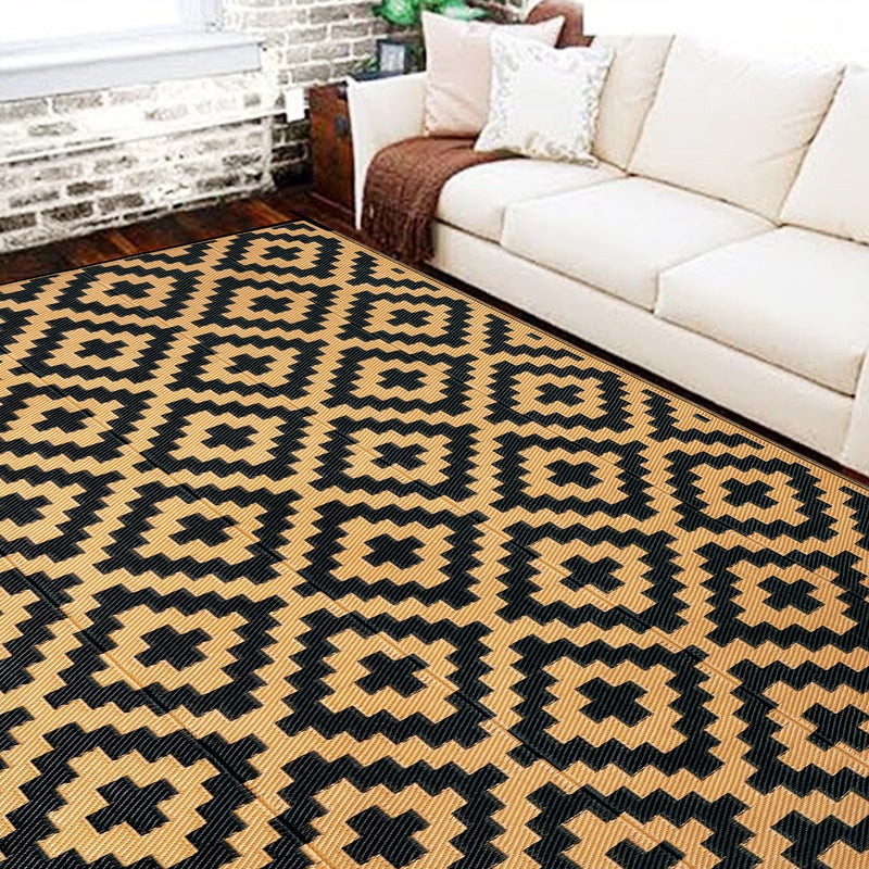 SAND MINE Reversible Mats Plastic Straw Rug Modern Area Rug Large Floor Mat and Rug for Outdoors RV Patio Backyard Deck Picnic Beach Trailer Camping Black  Brown 6 x 9