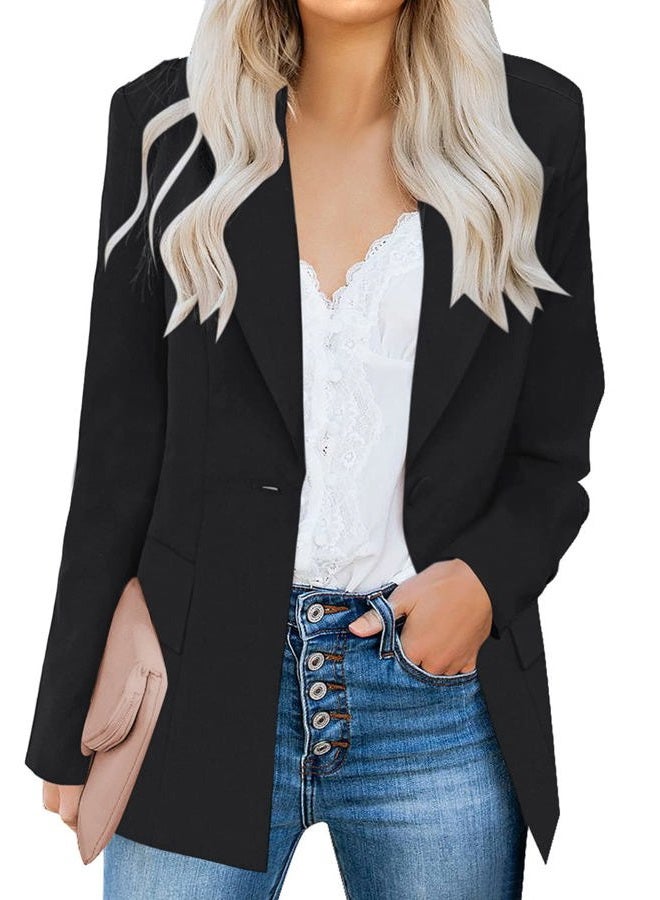 luvamia Women's Casual Long Sleeve Lapel Button Slim Work Office Blazer Jacket, B Black, L - Image 1