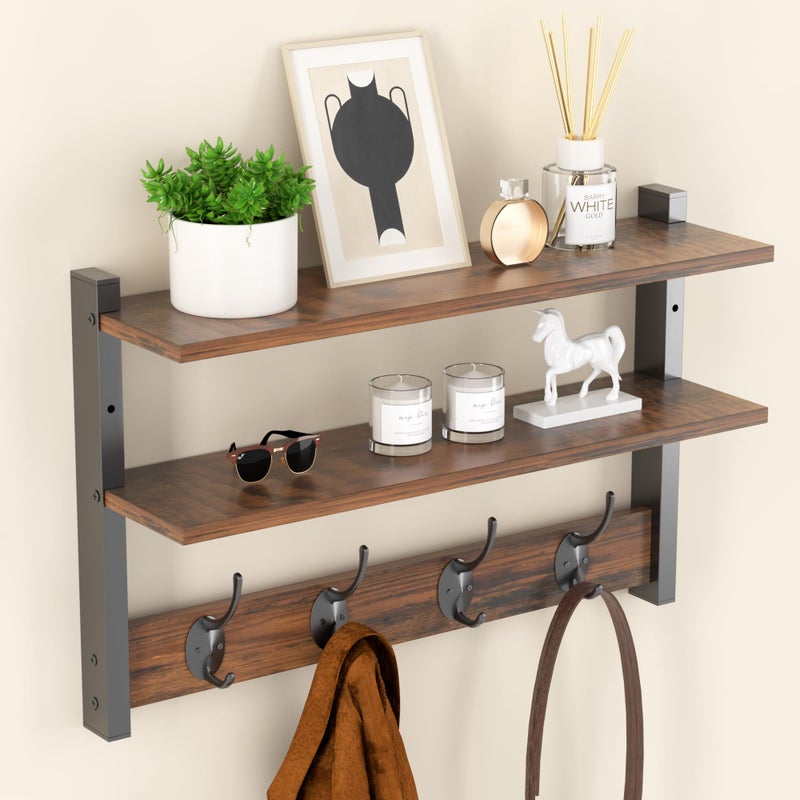Orapoke Two-Tier Wall Shelf with Hooks, 17" Coat Rack Wall Mount with Shelf, Key Hooks for Wall with Heavy Duty Double Hooks, Coat Hook Wall Mounted for Bedroom, Living Room, Rustic Brown - Image 1