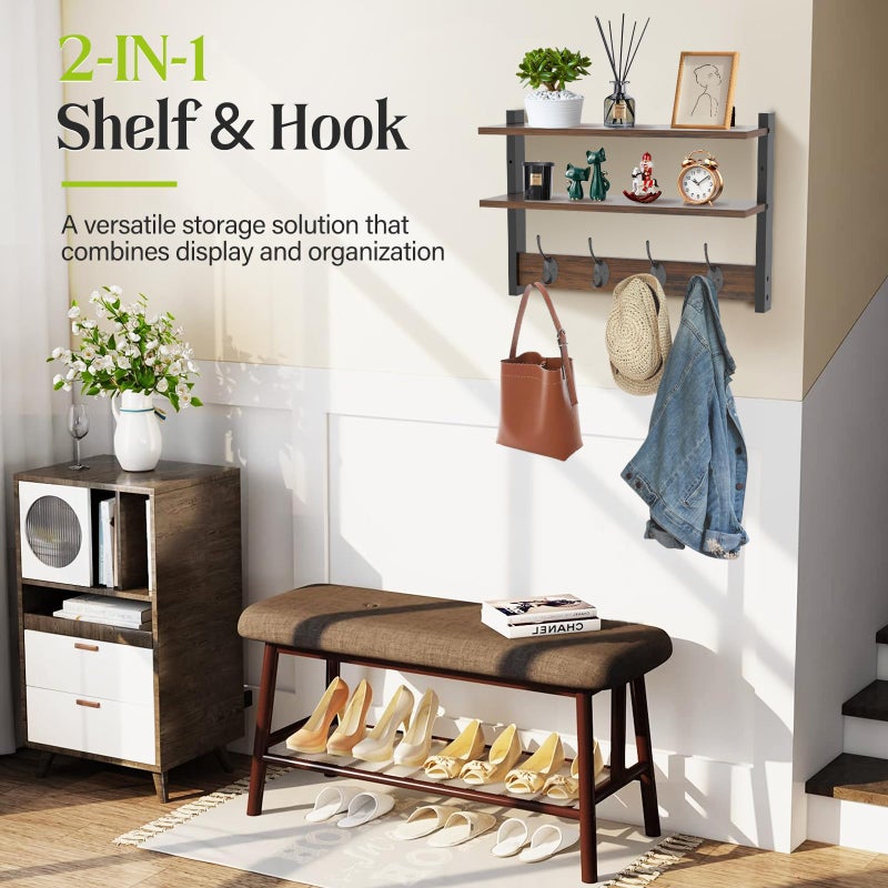 Orapoke Two-Tier Wall Shelf with Hooks, 17" Coat Rack Wall Mount with Shelf, Key Hooks for Wall with Heavy Duty Double Hooks, Coat Hook Wall Mounted for Bedroom, Living Room, Rustic Brown - Image 3