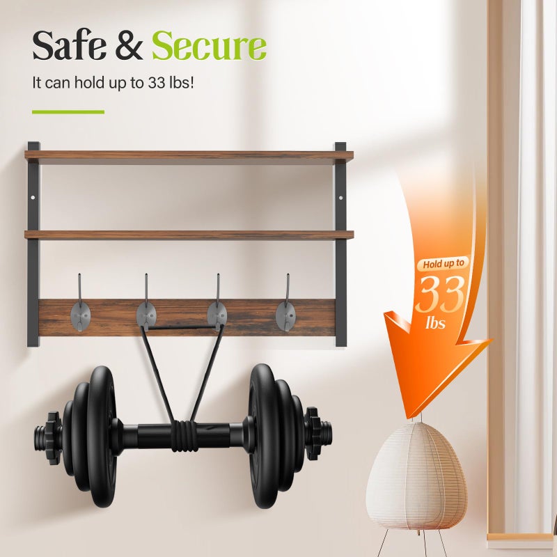 Orapoke Two-Tier Wall Shelf with Hooks, 17" Coat Rack Wall Mount with Shelf, Key Hooks for Wall with Heavy Duty Double Hooks, Coat Hook Wall Mounted for Bedroom, Living Room, Rustic Brown - Image 5