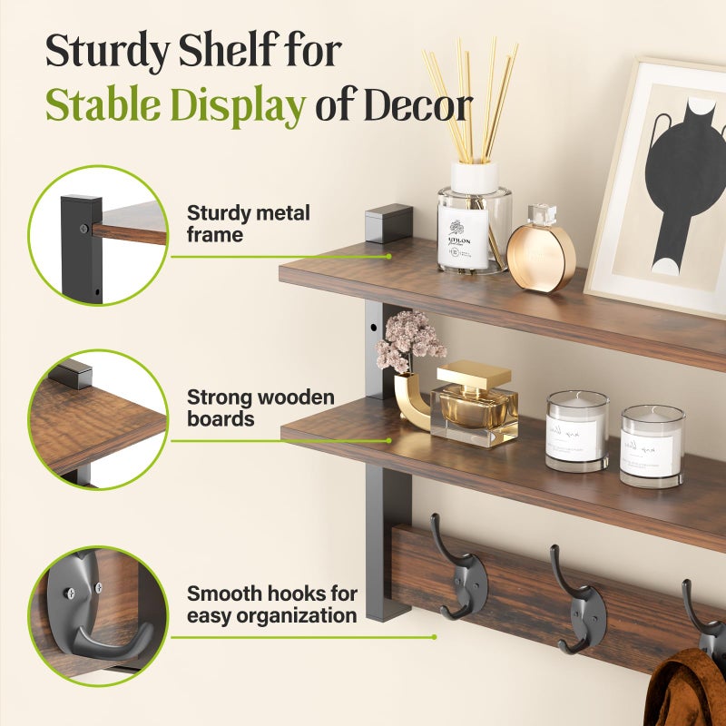 Orapoke Two-Tier Wall Shelf with Hooks, 17" Coat Rack Wall Mount with Shelf, Key Hooks for Wall with Heavy Duty Double Hooks, Coat Hook Wall Mounted for Bedroom, Living Room, Rustic Brown - Image 4
