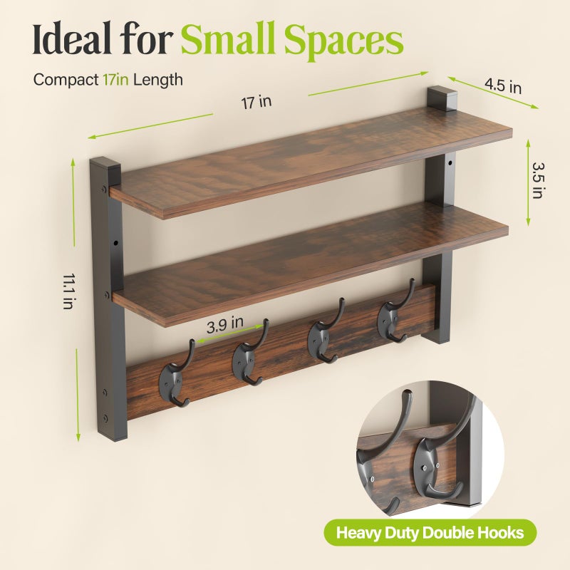 Orapoke Two-Tier Wall Shelf with Hooks, 17" Coat Rack Wall Mount with Shelf, Key Hooks for Wall with Heavy Duty Double Hooks, Coat Hook Wall Mounted for Bedroom, Living Room, Rustic Brown - Image 2