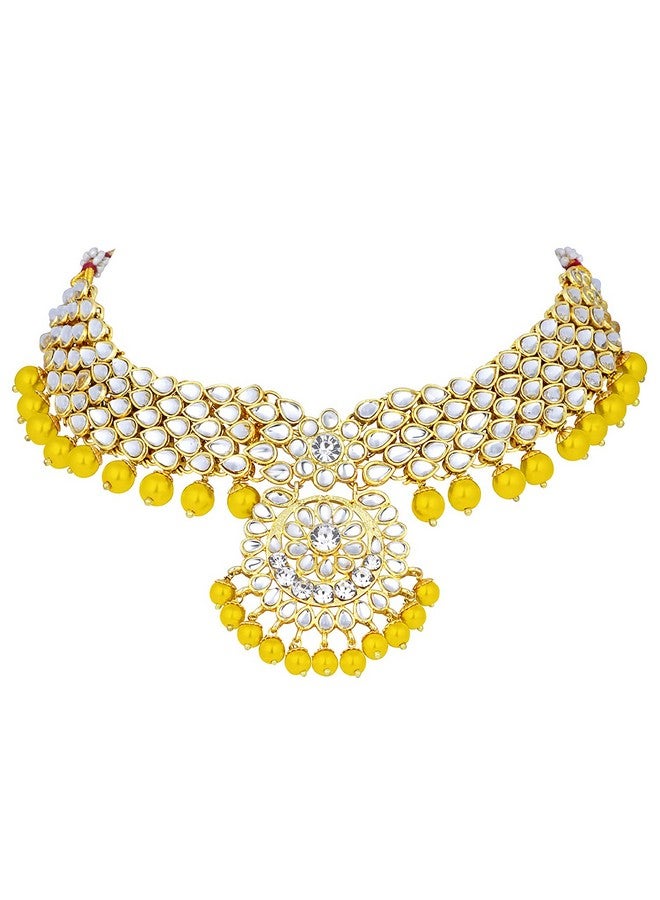 Aheli Elegant Wedding Party Wear Faux Kundan Studded Short Necklace Earrings With Maang Tikka Set Indian Ethnic Bollywood Fashion Jewelry For Women - Image 5