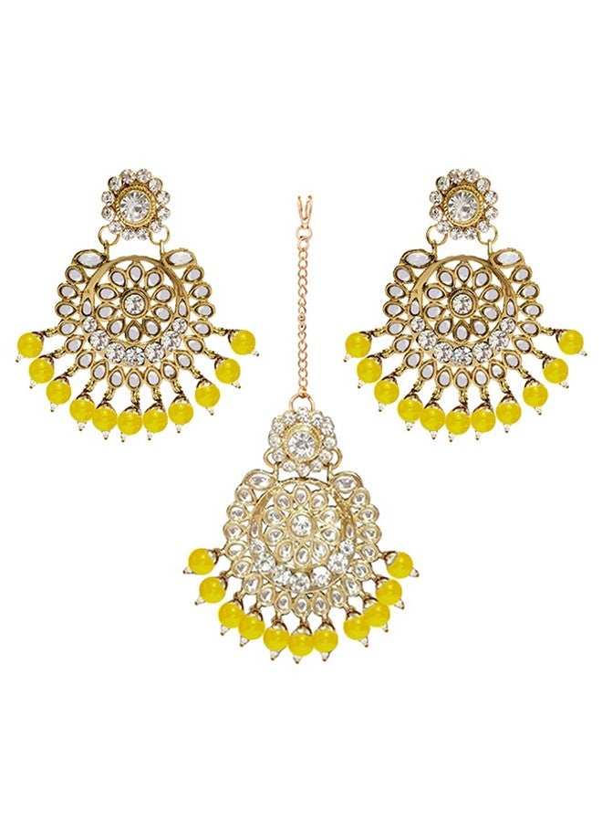 Aheli Elegant Wedding Party Wear Faux Kundan Studded Short Necklace Earrings With Maang Tikka Set Indian Ethnic Bollywood Fashion Jewelry For Women - Image 4