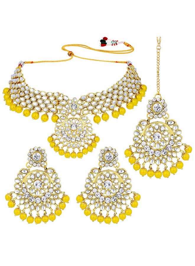 Aheli Elegant Wedding Party Wear Faux Kundan Studded Short Necklace Earrings With Maang Tikka Set Indian Ethnic Bollywood Fashion Jewelry For Women - Image 1