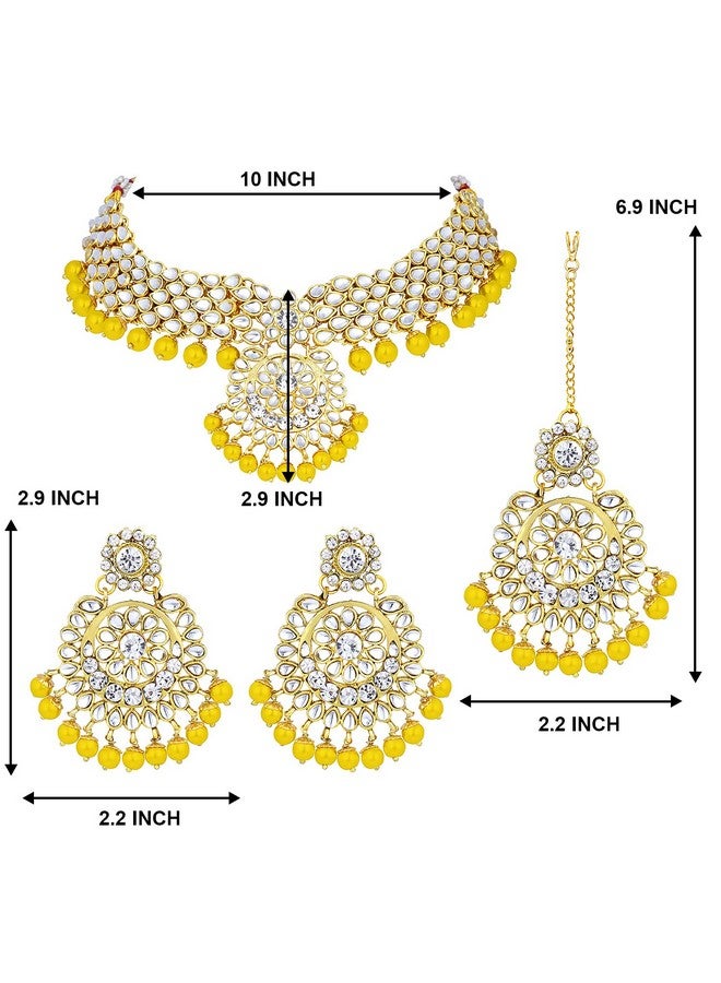 Aheli Elegant Wedding Party Wear Faux Kundan Studded Short Necklace Earrings With Maang Tikka Set Indian Ethnic Bollywood Fashion Jewelry For Women - Image 3