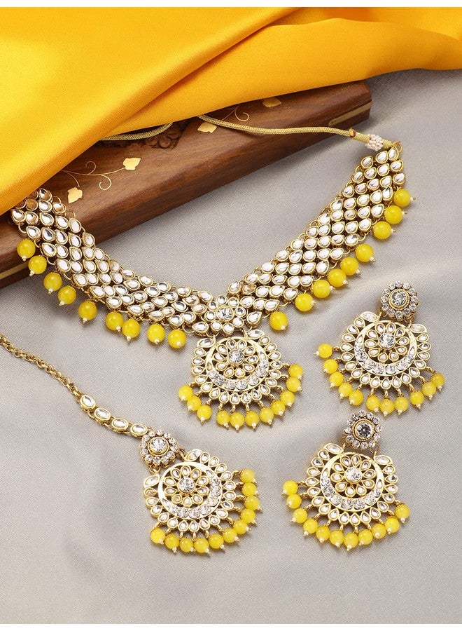Aheli Elegant Wedding Party Wear Faux Kundan Studded Short Necklace Earrings With Maang Tikka Set Indian Ethnic Bollywood Fashion Jewelry For Women - Image 2