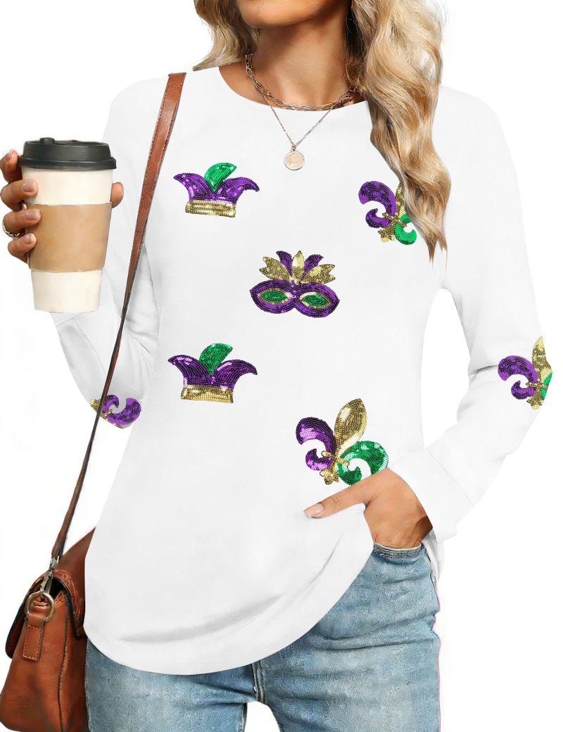 MAXIMGR Mardi Gras Sweatshirt Women Sequin Fat Tuesday Sweater Masks Graphic Shirt Carnival Crewneck Long Sleeve Tops White - Image 1