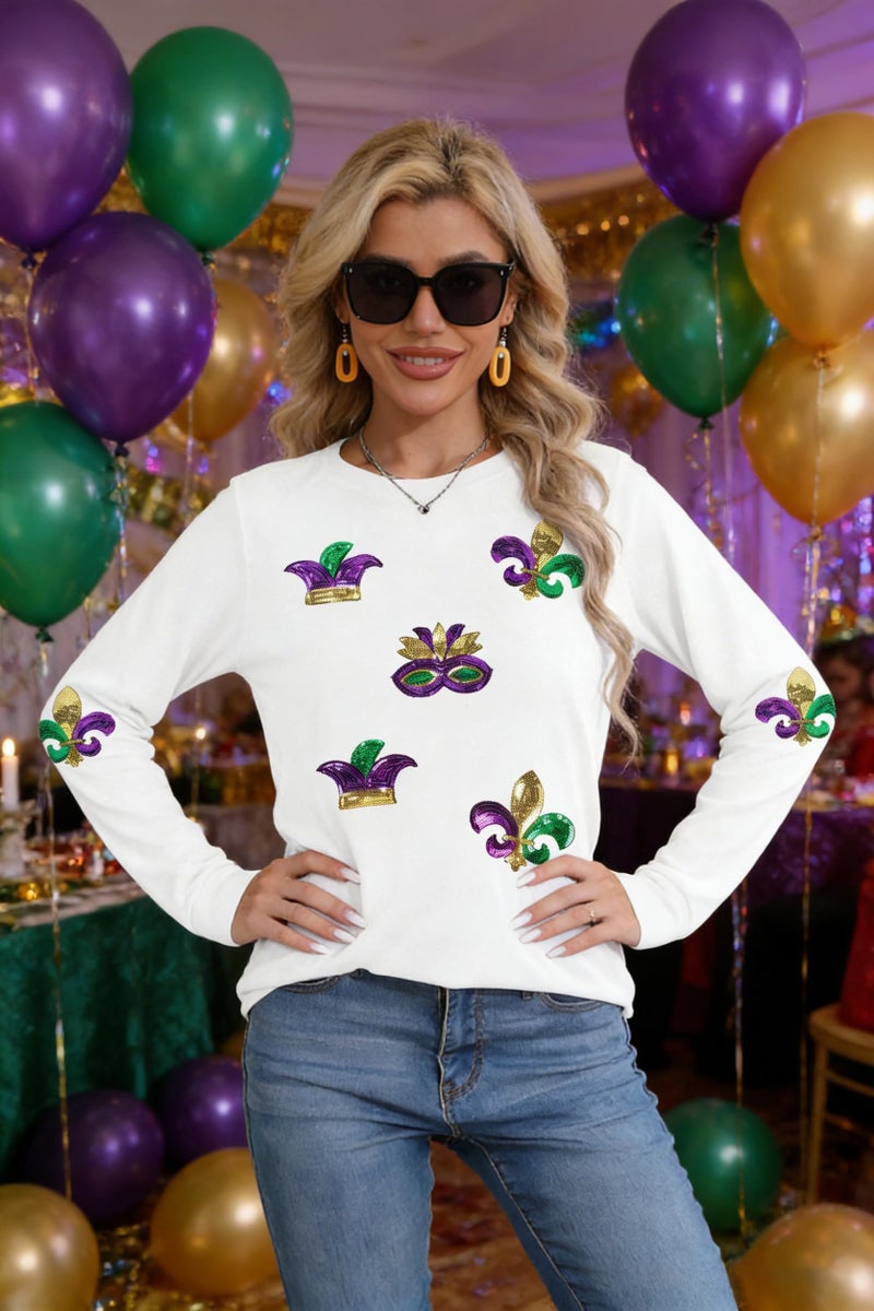 MAXIMGR Mardi Gras Sweatshirt Women Sequin Fat Tuesday Sweater Masks Graphic Shirt Carnival Crewneck Long Sleeve Tops White - Image 3