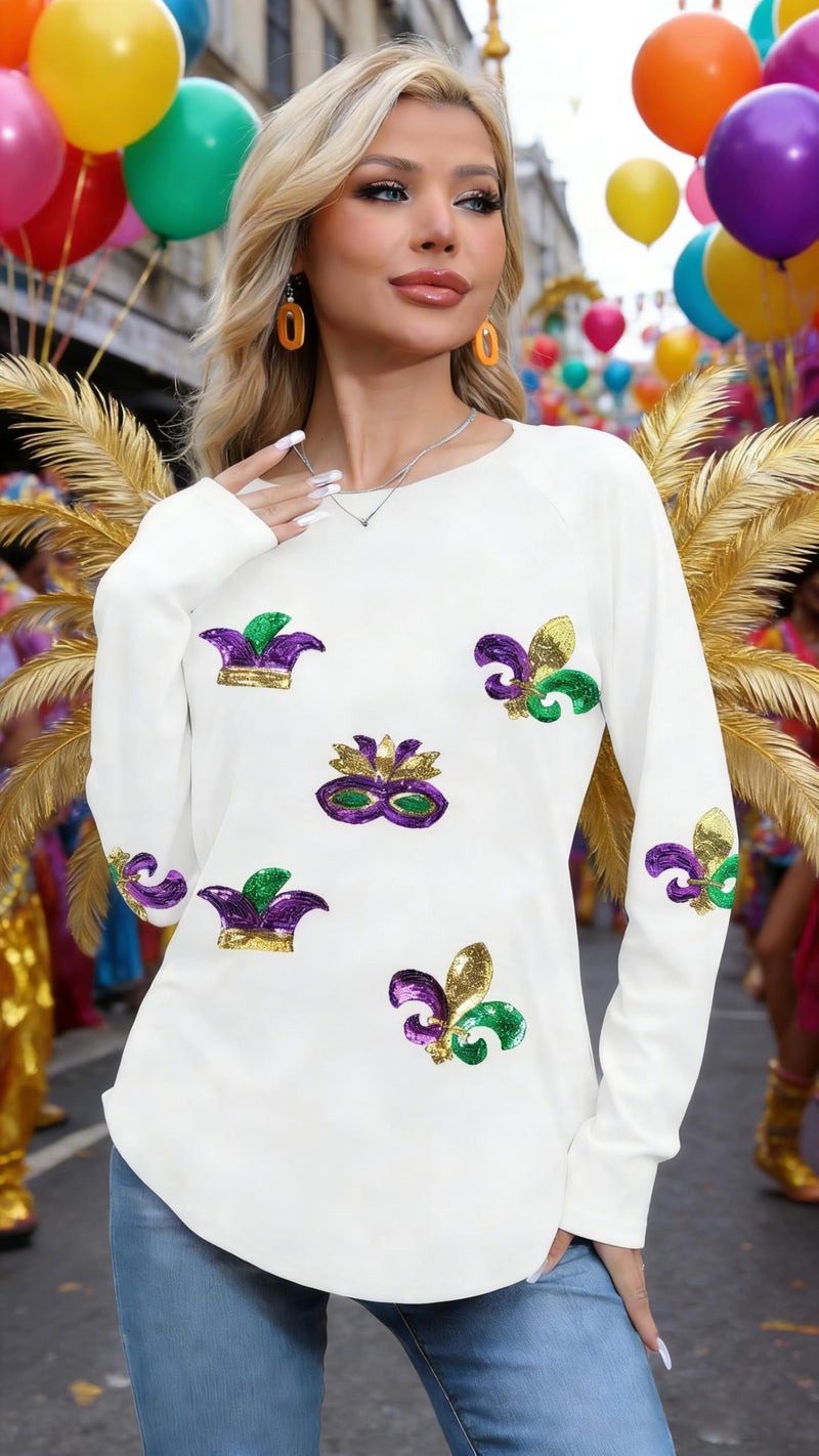 MAXIMGR Mardi Gras Sweatshirt Women Sequin Fat Tuesday Sweater Masks Graphic Shirt Carnival Crewneck Long Sleeve Tops White - Image 4