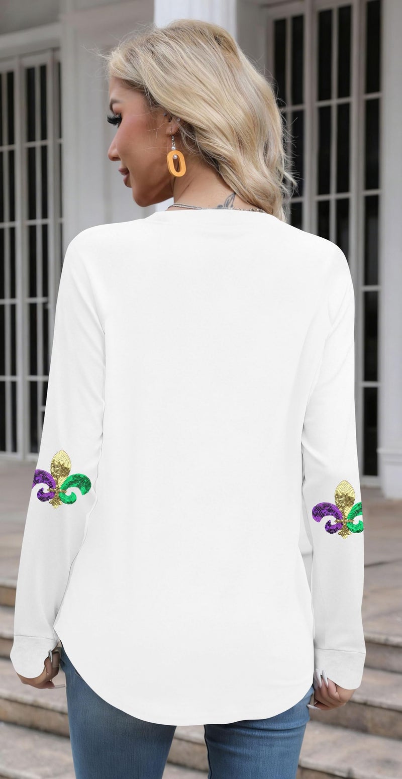 MAXIMGR Mardi Gras Sweatshirt Women Sequin Fat Tuesday Sweater Masks Graphic Shirt Carnival Crewneck Long Sleeve Tops White - Image 5