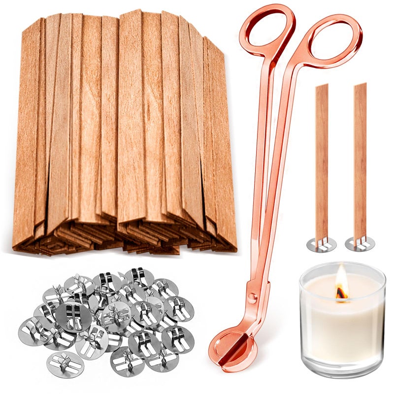 CollectHall 100 Pcs Thickened Wood Wicks, Wood Wicks for Candles Making with Wick Trimmer, Candle Wicks 5.1Ã—0.5Ã—0.04 Inches for DIY Candle-Making, Long Lasting Flame, Easy to Burn (50 Sets) - Image 1
