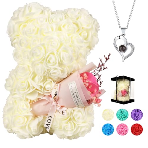 K KYMAKE Rose Bear Valentines Gifts for Women Rose Bear Teddy Bear with Box,One Hundred I Love You Language Necklace,Cute Romantic Wedding Anniversary Birthday Gift - Image 1