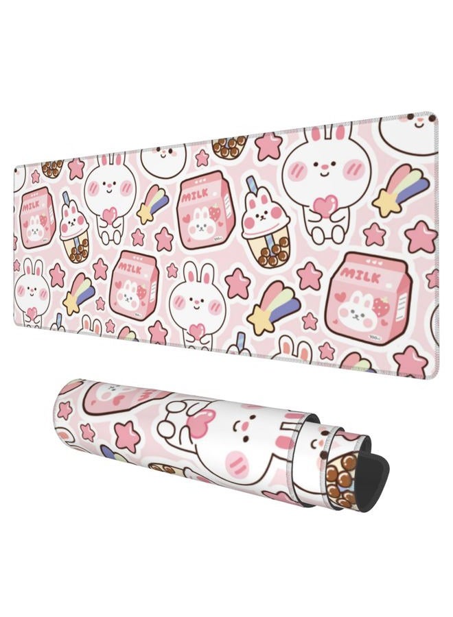 KOAIWPAE Desk Mat, Pink Kawaii Rabbit Extended Gaming Mouse Pad Large, 31.5"x11.8" Big Mouse Pad with Non-Slip Base and Stitched Edge, Long Computer Keyboard Mouse Mat for Home Office Work - Image 1