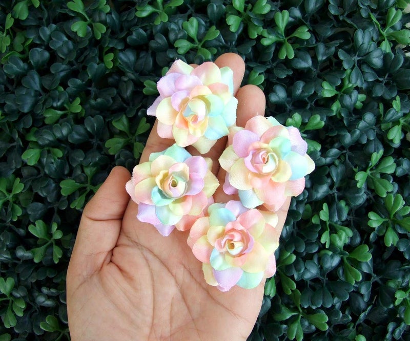 ICRAFY (50) Silk Rainbow Pastel Tones Roses Flower Head - 1.75" - Artificial Flowers Heads Fabric Floral Supplies Wholesale Lot for Wedding Flowers Accessories Make Bridal Hair Clips Headbands Dress - Image 2