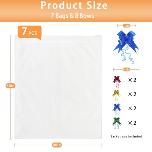 Volokitx 7-Pack 40x50 Inch Clear Cellophane Bags with 8 Colorful Pull Bows,Extra Large Cellophane Wrap for Gift Baskets, Baby Showers, Raffles, and Charity Auctions - Image 2