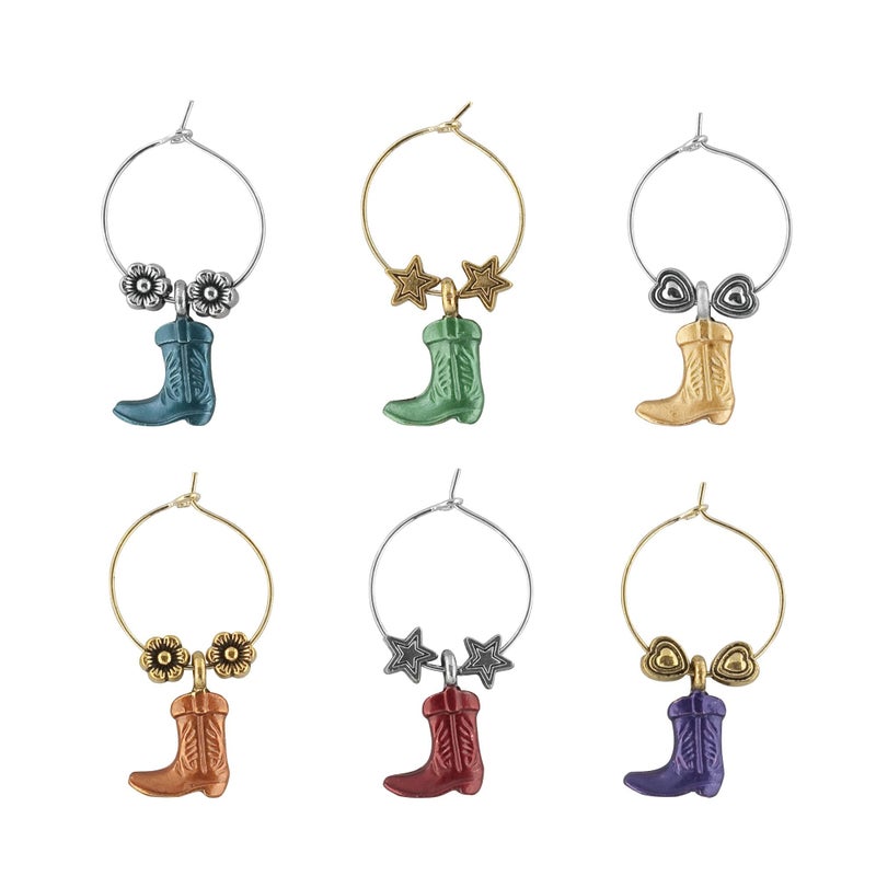 Wine Things 6-Piece Wine Charms/Wine Glass Tags/Drink Markers for Stem Glasses, Wine Tasting Party (Boot) - Image 2