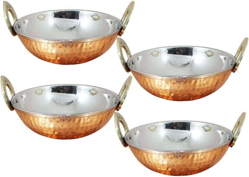 Ukal Set of 4 Indian Copper Serveware Karahi Vegetable Dinner Bowl Diameter 13 Cm 52 Inches - Image 2