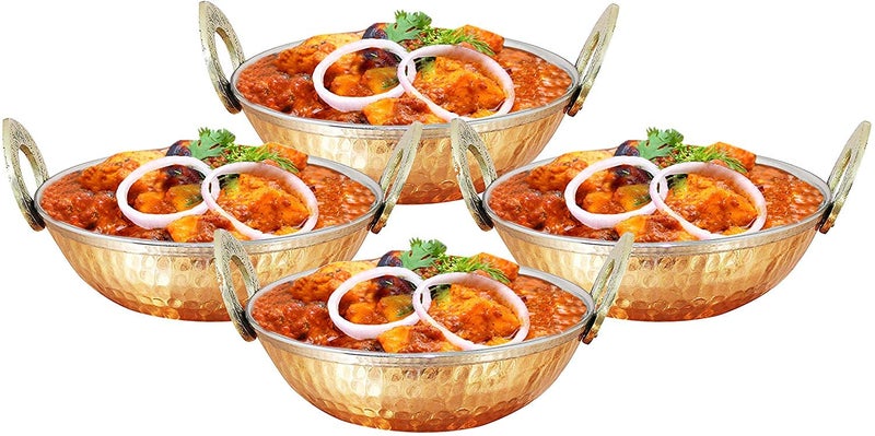 Ukal Set of 4 Indian Copper Serveware Karahi Vegetable Dinner Bowl Diameter 13 Cm 52 Inches - Image 1