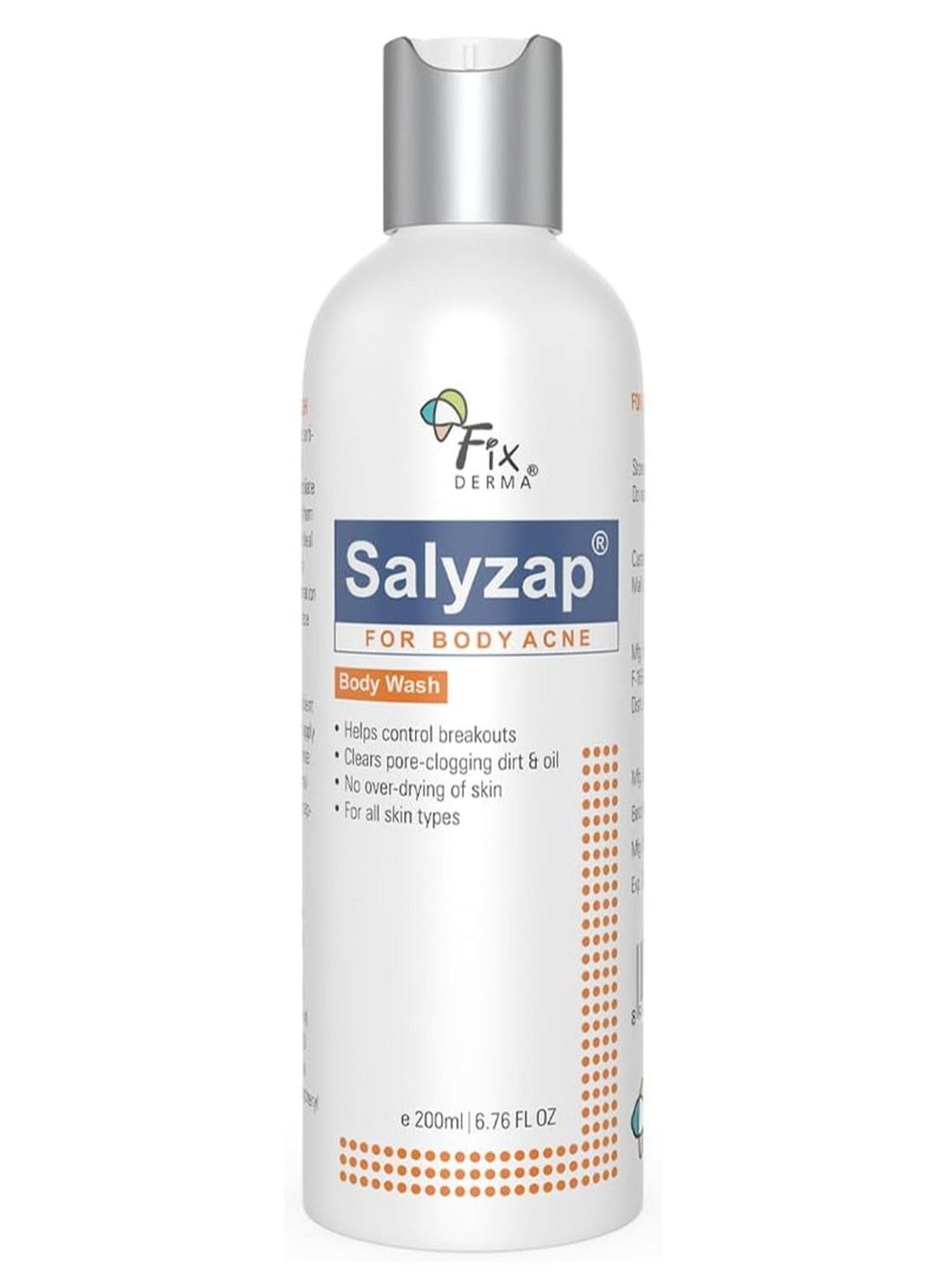 FIXDERMA 2% Salicylic Acid Salyzap Body Wash For Acne,Non Foaming Body Wash,Exfoliant,Acne On Back,Upper Arms And Other Affected Body Parts,Pimples,Clean Pores Suitable For Acne Prone Skin - 200Ml