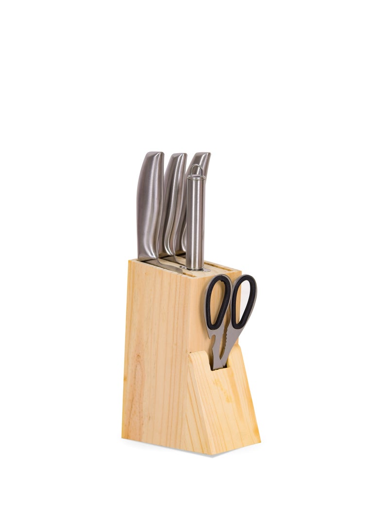 بريتيش شيف مجموعة أدوات مطبخ من الفولاذ المقاوم للصدأ مكونة من 6 قطع: عصا شحذ، قطاعة شرائح، سكين متعدد الأغراض، سكين فواكه، مقص مطبخ، وقاعدة تخزين - Image 1