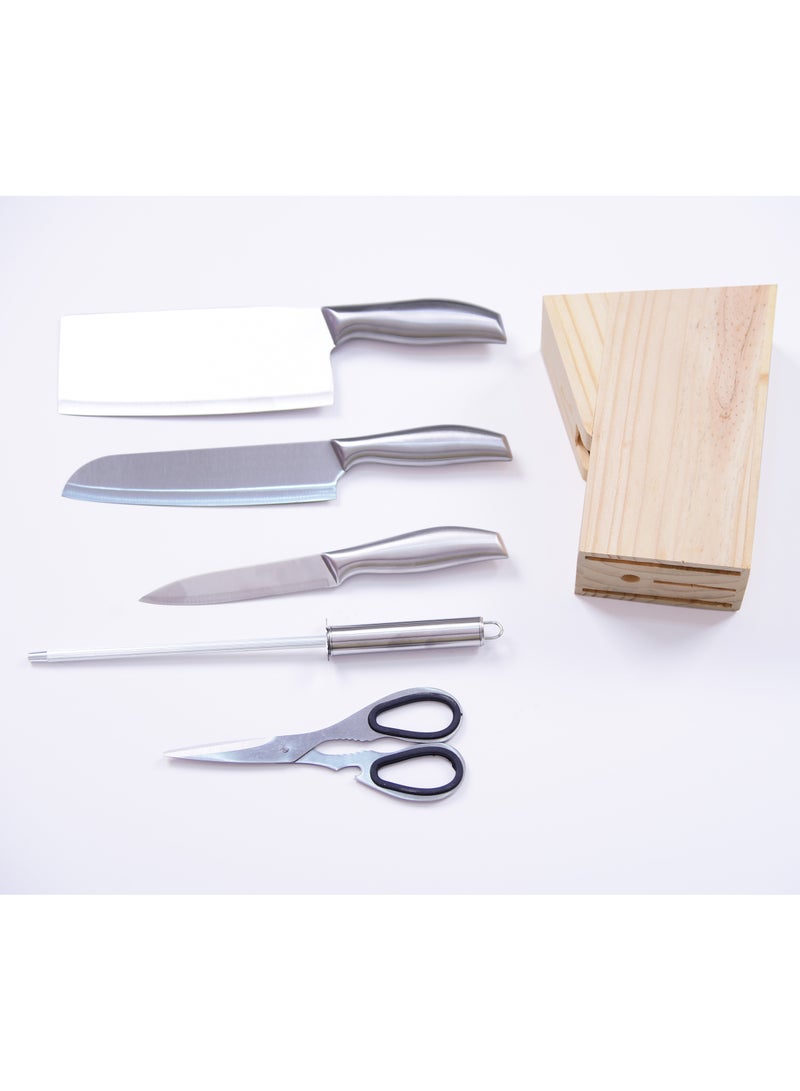 بريتيش شيف مجموعة أدوات مطبخ من الفولاذ المقاوم للصدأ مكونة من 6 قطع: عصا شحذ، قطاعة شرائح، سكين متعدد الأغراض، سكين فواكه، مقص مطبخ، وقاعدة تخزين - Image 3