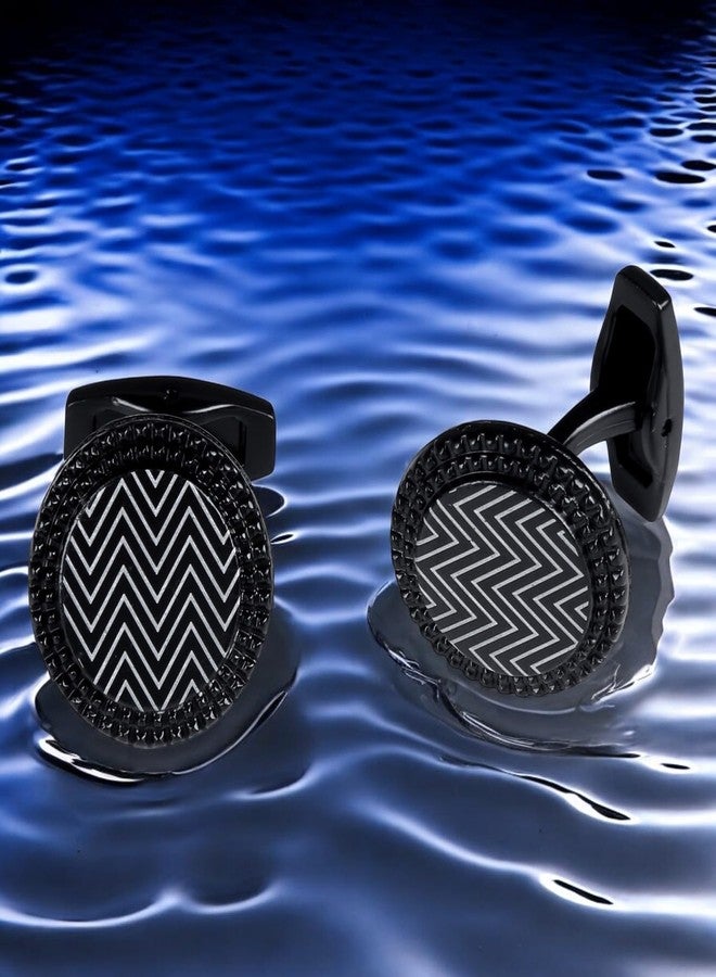Tripin Full Black Round Cufflinks with Zigzag Design for Men | Stylish Gift Boxed Accessory - Image 3