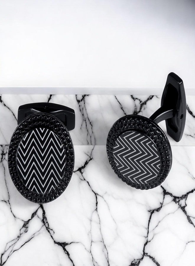 Tripin Full Black Round Cufflinks with Zigzag Design for Men | Stylish Gift Boxed Accessory - Image 2
