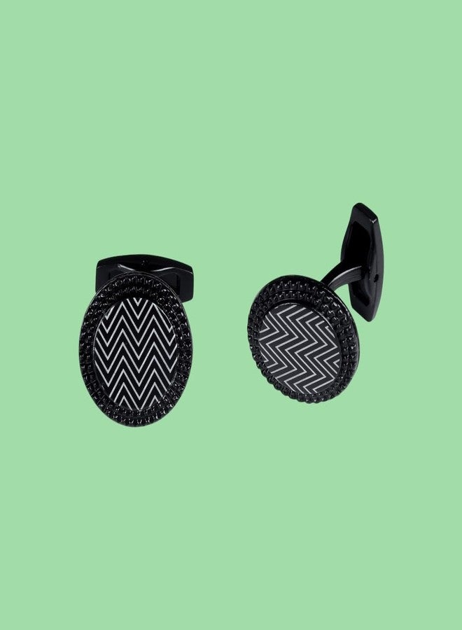 Tripin Full Black Round Cufflinks with Zigzag Design for Men | Stylish Gift Boxed Accessory - Image 4