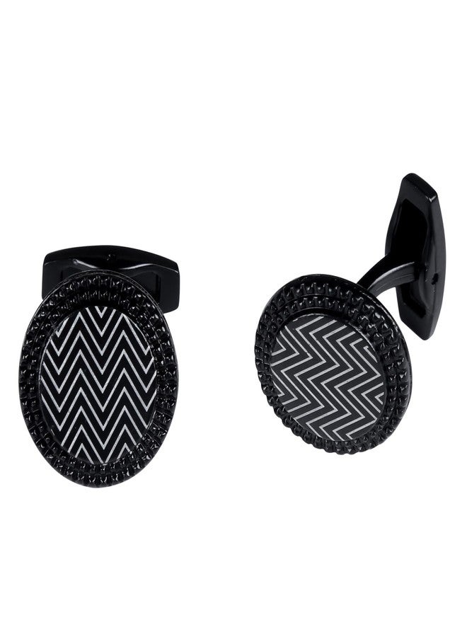 Tripin Full Black Round Cufflinks with Zigzag Design for Men | Stylish Gift Boxed Accessory - Image 1