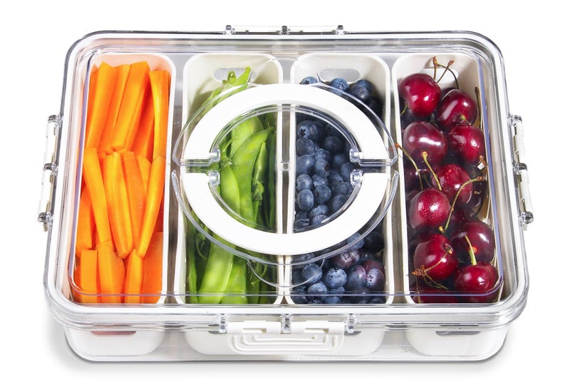YFUIF Portable Fruit Storage Containers for Fridge, 4 Compartments Snack Box Container, BPA-Free Divided Serving Tray with Lid for Veggie, Clear Snack Tray Candy Tray - Image 1