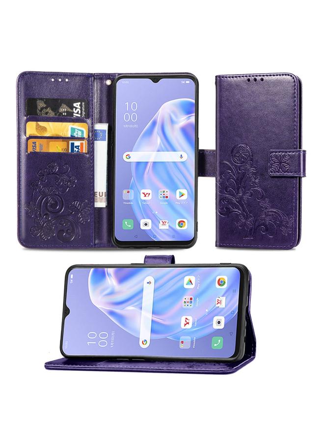 The Bros Case For OPPO Reno 3A Four-leaf Clasp Embossed Buckle Mobile Phone Protection Leather Case with Lanyard & Card Slot & Wallet & Bracket Function 