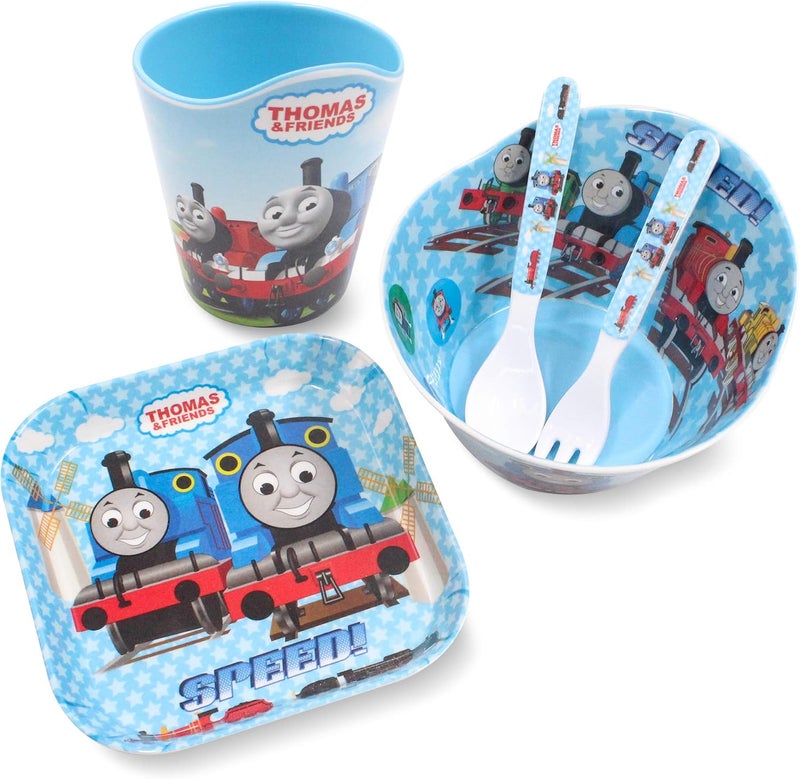Finex Thomas Transport Fans 5 Pcs Set Cartoon Durable Tableware Meal Dishes Mealtime Food Feeding Eating Set includes Dinner Serving Bowl Plate Cup with a Matching Spoon and Fork - Image 1