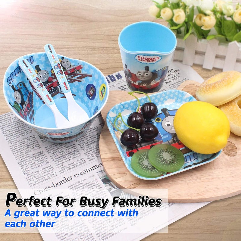Finex Thomas Transport Fans 5 Pcs Set Cartoon Durable Tableware Meal Dishes Mealtime Food Feeding Eating Set includes Dinner Serving Bowl Plate Cup with a Matching Spoon and Fork - Image 5