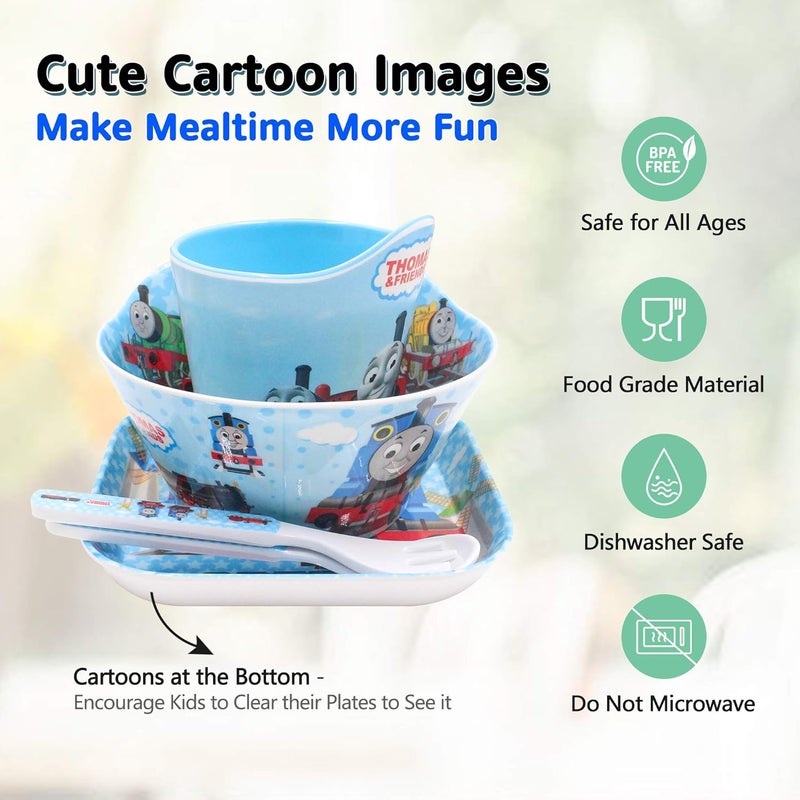 Finex Thomas Transport Fans 5 Pcs Set Cartoon Durable Tableware Meal Dishes Mealtime Food Feeding Eating Set includes Dinner Serving Bowl Plate Cup with a Matching Spoon and Fork - Image 3