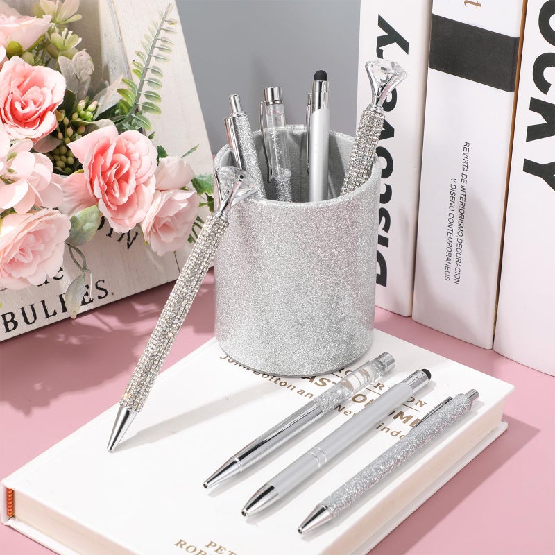 Sabary 8 Pcs Ballpoint Pens with Pen Holder for Desk Glitter Crystal Diamond Fancy Pencil Holder Bling Desk Organizer Cute Stationery Supplies for Women Girls Wedding Office School Gifts(Silver) - Image 4