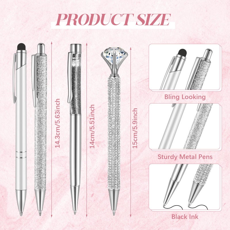 Sabary 8 Pcs Ballpoint Pens with Pen Holder for Desk Glitter Crystal Diamond Fancy Pencil Holder Bling Desk Organizer Cute Stationery Supplies for Women Girls Wedding Office School Gifts(Silver) - Image 3