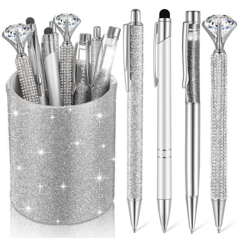 Sabary 8 Pcs Ballpoint Pens with Pen Holder for Desk Glitter Crystal Diamond Fancy Pencil Holder Bling Desk Organizer Cute Stationery Supplies for Women Girls Wedding Office School Gifts(Silver) - Image 1