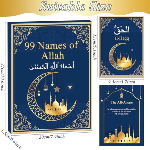 Wiooffen 99 Names of Allah Flashcards Quran Verses Asma UI Husna Cards Eid Al Adha Learning Cards in Arabic and English Eid or Ramadan Gifts for Family Friends 5731 InchesBlue and Gold - Image 5