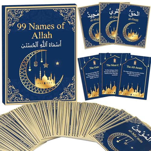 Wiooffen 99 Names of Allah Flashcards Quran Verses Asma UI Husna Cards Eid Al Adha Learning Cards in Arabic and English Eid or Ramadan Gifts for Family Friends 5731 InchesBlue and Gold - Image 1