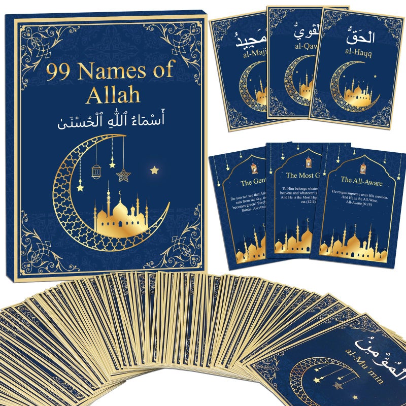 Wiooffen 99 Names of Allah Flashcards Quran Verses Asma UI Husna Cards Eid Al Adha Learning Cards in Arabic and English Eid or Ramadan Gifts for Family Friends 5731 InchesBlue and Gold - Image 3