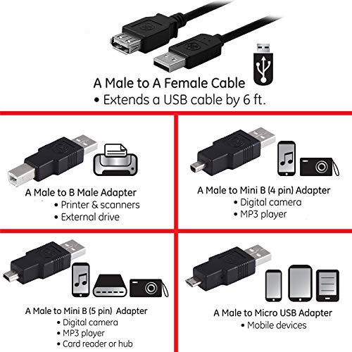 GE Universal USB 2.0 Adapter Kit, 6ft. A Male to A Female Extension Cable, 4 Adapters Included: A Male to B Male, 4 Pin, 5 Pin, A Male to Micro USB, 33758 - Image 3