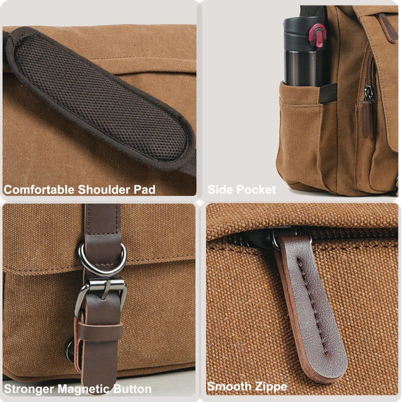 Mactso Canvas Messenger Bag for Men Women,Travel Satchel Shoulder bag 15.6 Inch Laptop Bags Business(Coffee-Upgrade) - Image 5