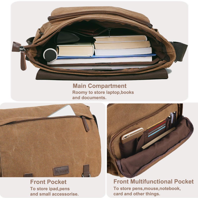 Mactso Canvas Messenger Bag for Men Women,Travel Satchel Shoulder bag 15.6 Inch Laptop Bags Business(Coffee-Upgrade) - Image 4