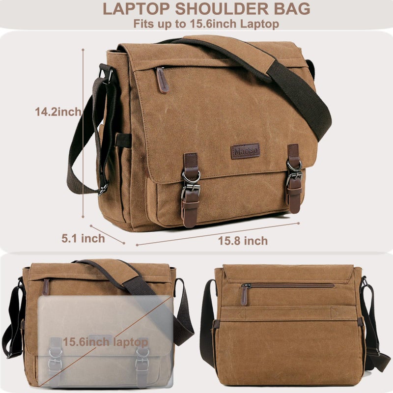 Mactso Canvas Messenger Bag for Men Women,Travel Satchel Shoulder bag 15.6 Inch Laptop Bags Business(Coffee-Upgrade) - Image 3